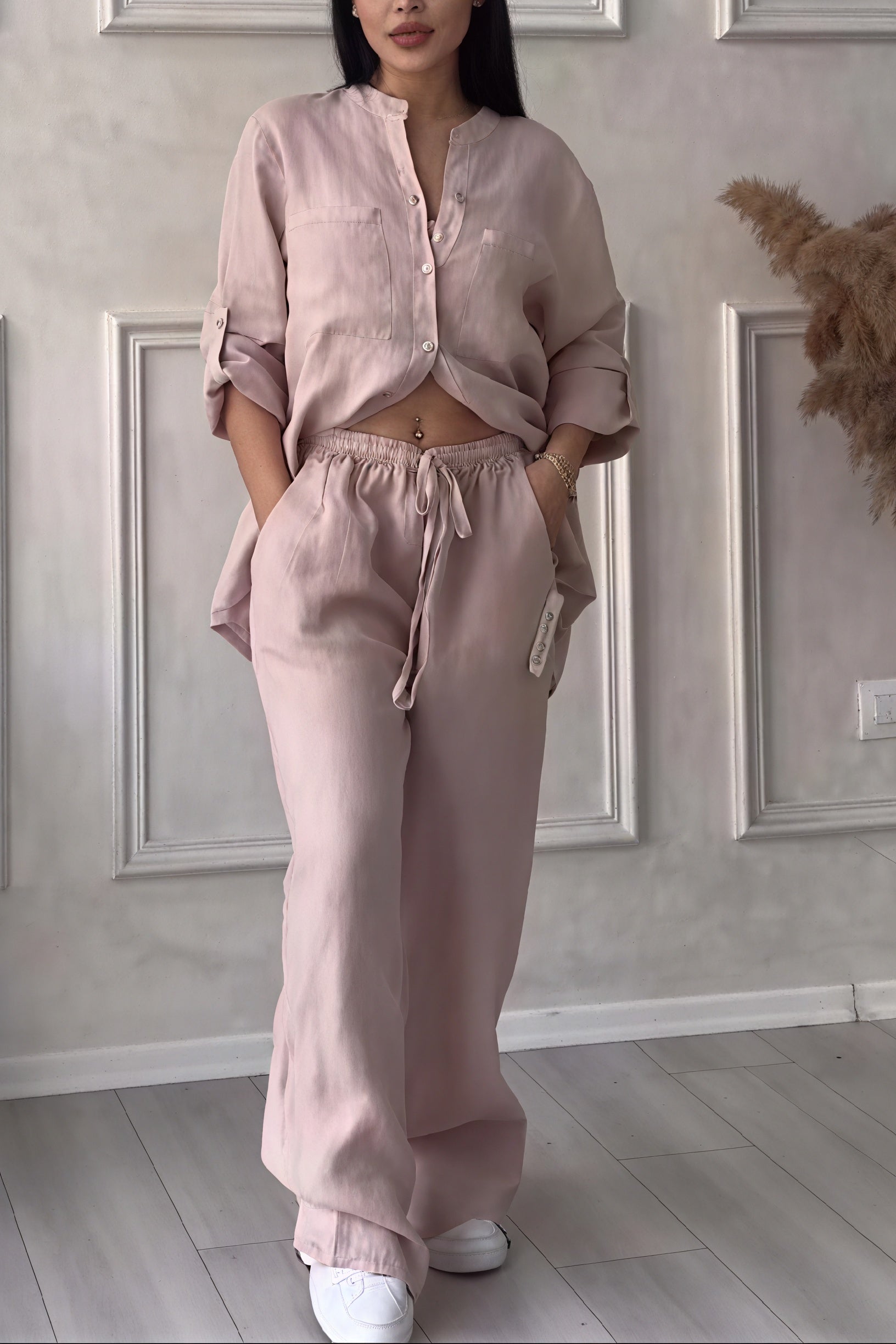 Women's Linen Button-Down Wide-Leg Suit Set – Relaxed Fit, Minimalist Style-81140-36c1cdbc-dc6d-4064-a3bf-4d551eb36462