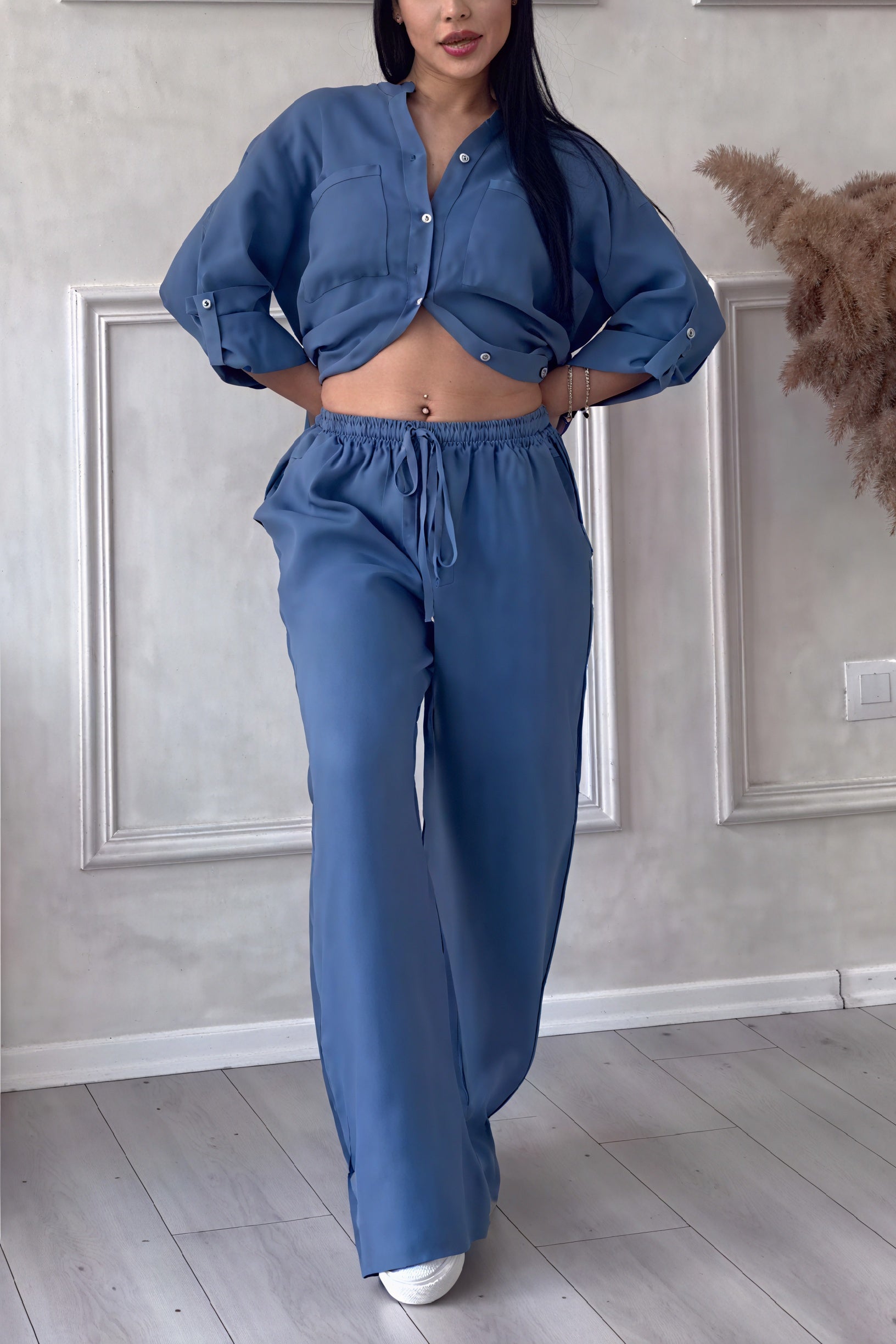 Women's Linen Button-Down Wide-Leg Suit Set – Relaxed Fit, Minimalist Style-81140-20f86c89-a7f6-4600-920b-0be3303a0fb3