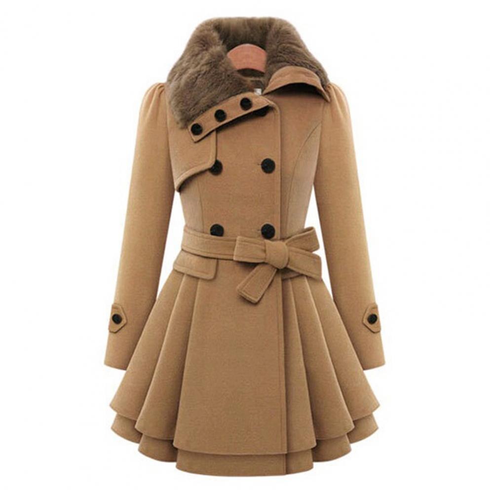 Women's Double-Breasted Faux Fur Collar Belted Flared Coat, Elegant Style-82347-8125bc57-4c5a-4a65-b757-3656322f0604