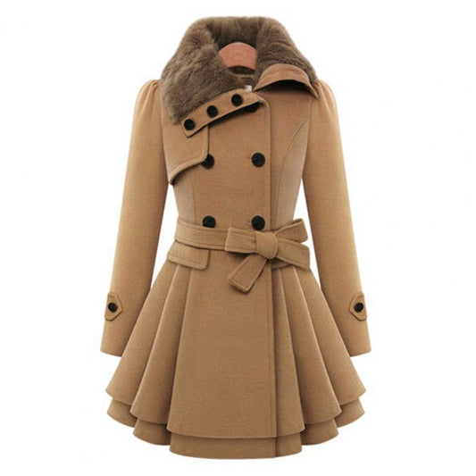 Women's Double-Breasted Faux Fur Collar Belted Flared Coat, Elegant Style-82347-8125bc57-4c5a-4a65-b757-3656322f0604