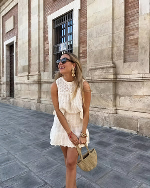 Women's Open-Knit Two-Piece Set - Sleeveless Top, A-Line Skirt, Drawstring Waist, Bohemian Style-81510-4e3306f4-da5f-4137-a370-f37b998c69d9