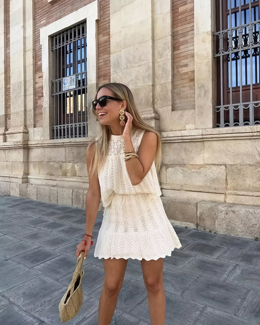 Women's Open-Knit Two-Piece Set - Sleeveless Top, A-Line Skirt, Drawstring Waist, Bohemian Style-81510-ecbe80af-bcae-4ed0-8155-e98f2f84a074