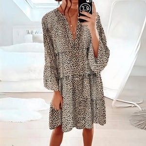 Women's Mini Dress – V-Neck Long Sleeve, Flowy Animal Print-81612-e27c4f24-9134-45fd-984c-3f7f853326b8