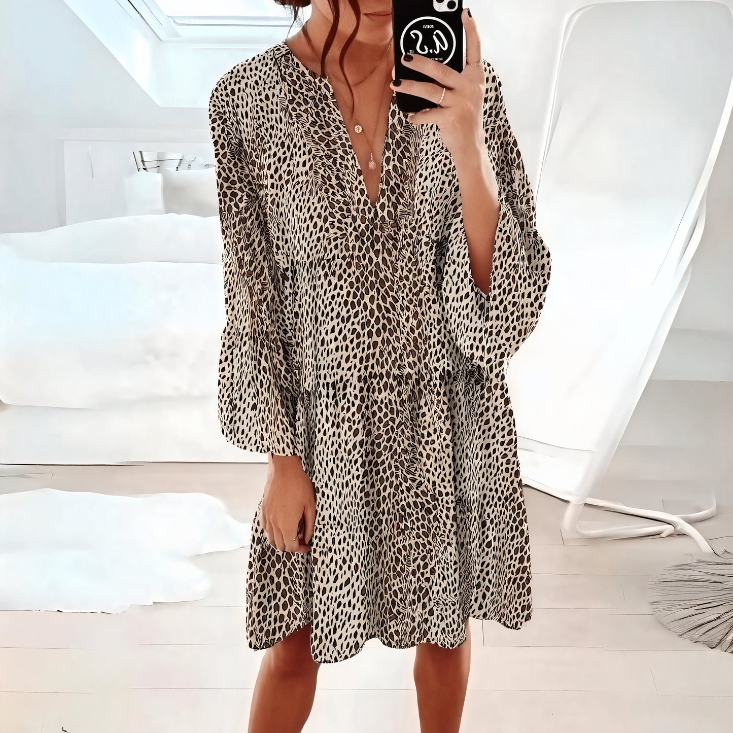Women's Mini Dress – V-Neck Long Sleeve, Flowy Animal Print-81612-e27c4f24-9134-45fd-984c-3f7f853326b8