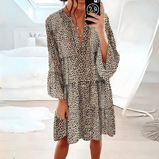 Women's Mini Dress – V-Neck Long Sleeve, Flowy Animal Print-81612-e27c4f24-9134-45fd-984c-3f7f853326b8
