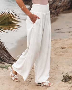 Women's High-Waisted Wide-Leg Smocked Pants - Linen Blend, White/Beige/Black-82189-ad382897-af59-42de-81ca-154d4c00308c