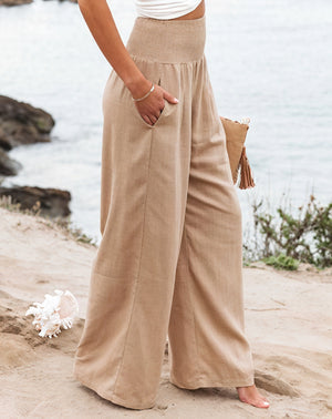 Women's High-Waisted Wide-Leg Smocked Pants - Linen Blend, White/Beige/Black-82189-2b96ece2-7354-47d4-8edd-4a672930a3fb
