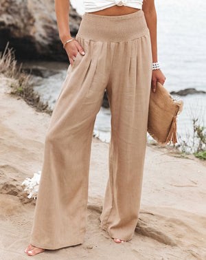 Women's High-Waisted Wide-Leg Smocked Pants - Linen Blend, White/Beige/Black-82189-1a198501-cd78-4682-81c3-866bca6dfb72