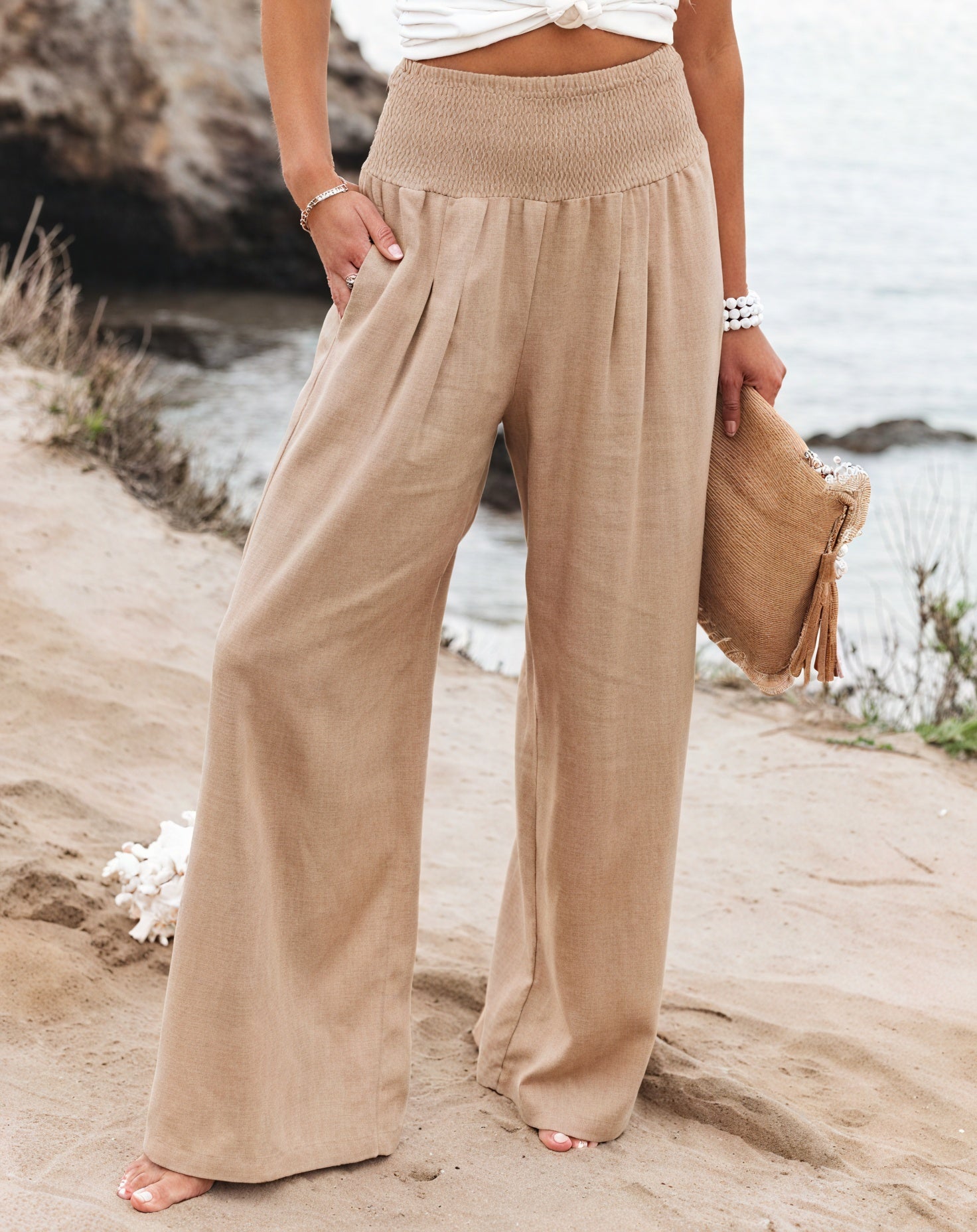 Women's High-Waisted Wide-Leg Smocked Pants - Linen Blend, White/Beige/Black-82189-1a198501-cd78-4682-81c3-866bca6dfb72