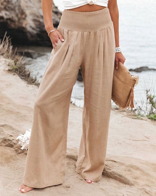 Women's High-Waisted Wide-Leg Smocked Pants - Linen Blend, White/Beige/Black-82189-1a198501-cd78-4682-81c3-866bca6dfb72