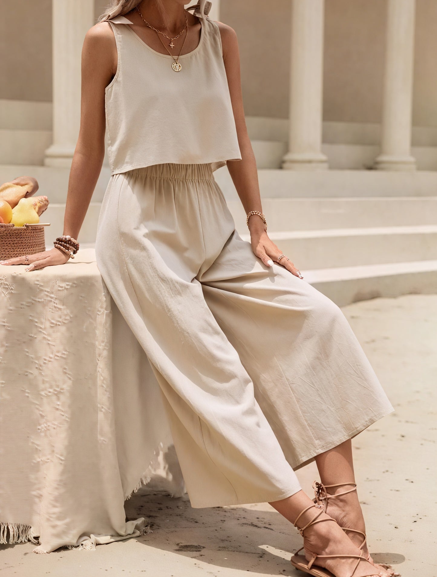 Women's Linen Blend Sleeveless Crop Top Wide-Leg Pants Set Beige Bohemian-82356-18d51f05-7421-4812-9fc2-86215532cb1f