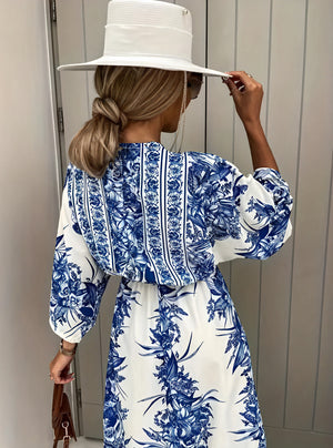 Women's Maxi Dress – Blue & White Floral, Kimono Sleeve, V-Neck, Lightweight Fabric, Basicfold-82503-4db533aa-543c-4844-b8e0-d74854066668