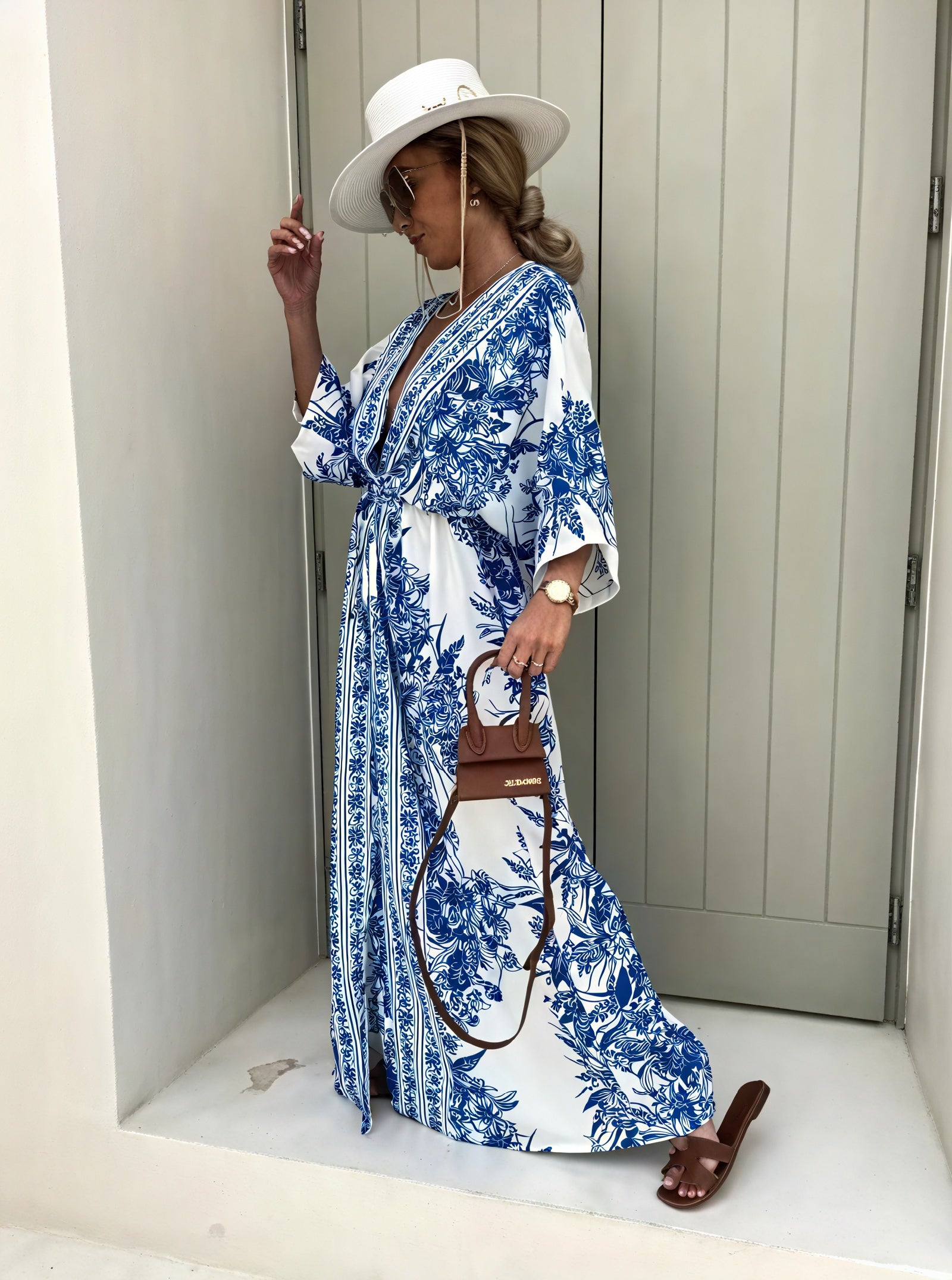 Women's Maxi Dress – Blue & White Floral, Kimono Sleeve, V-Neck, Lightweight Fabric, Basicfold-82503-4420b966-8414-4e4d-9224-bc9273f02cb8