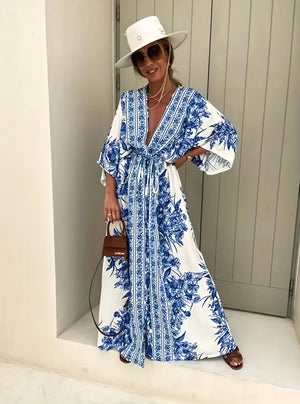 Women's Maxi Dress – Blue & White Floral, Kimono Sleeve, V-Neck, Lightweight Fabric, Basicfold-82503-e15edc57-dc90-48f0-b213-d110e785a6df