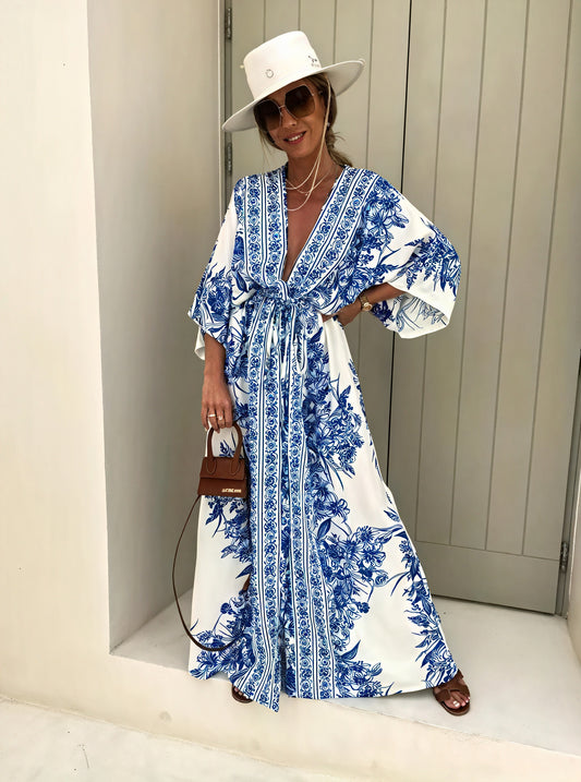 Women's Maxi Dress – Blue & White Floral, Kimono Sleeve, V-Neck, Lightweight Fabric, Basicfold-82503-e15edc57-dc90-48f0-b213-d110e785a6df