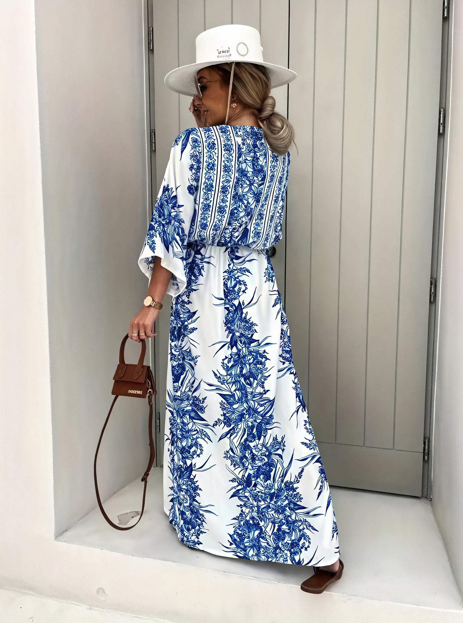 Women's Maxi Dress – Blue & White Floral, Kimono Sleeve, V-Neck, Lightweight Fabric, Basicfold-82503-9780b96e-53d4-4e3b-8953-04eef0166713