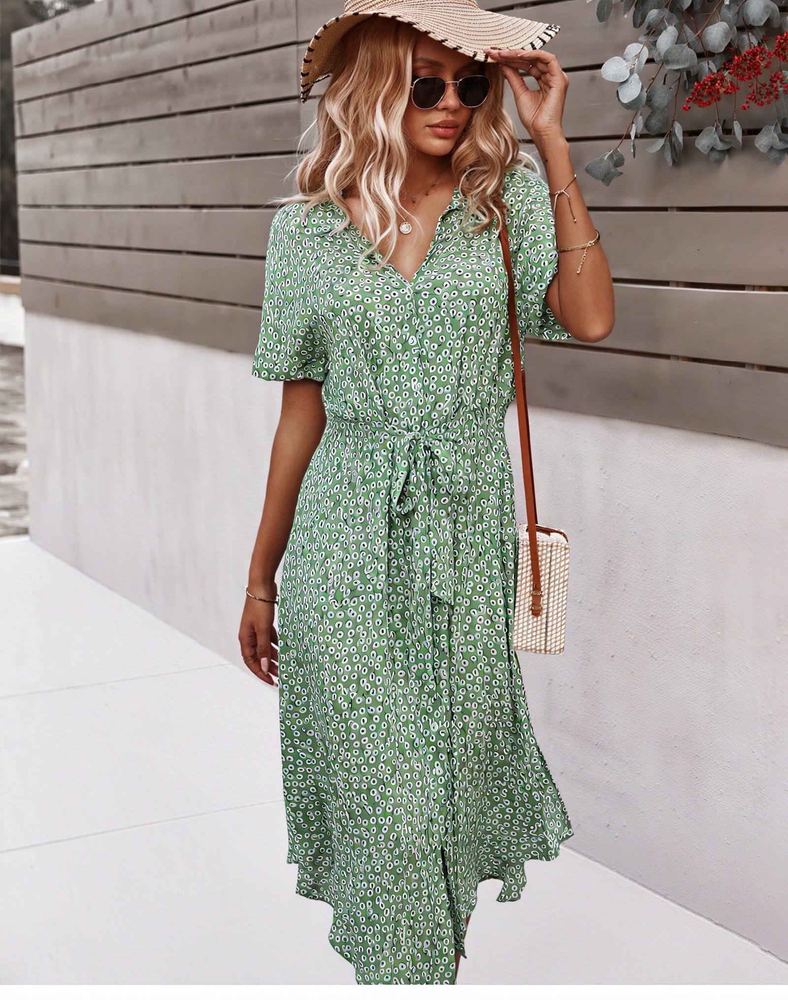 Women's Midi Dress – Multi-Color Floral Button-Down Tie Waist, Polyester, Bohemian Style-82725-775f652d-d149-404c-8a5b-c033e8ea9416