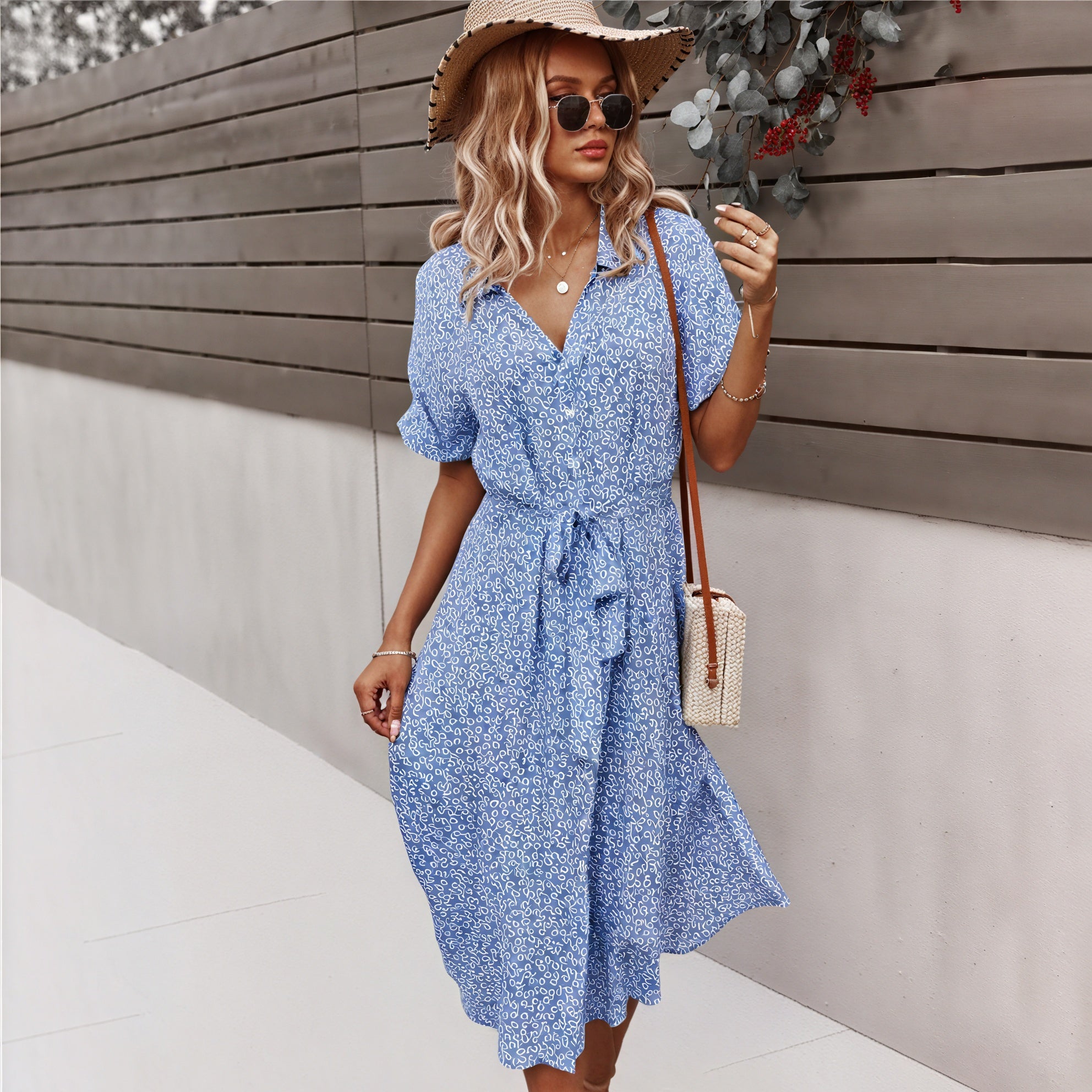 Women's Midi Dress – Multi-Color Floral Button-Down Tie Waist, Polyester, Bohemian Style-82725-5e99d56f-3d28-4a8d-af10-3f59b4188656