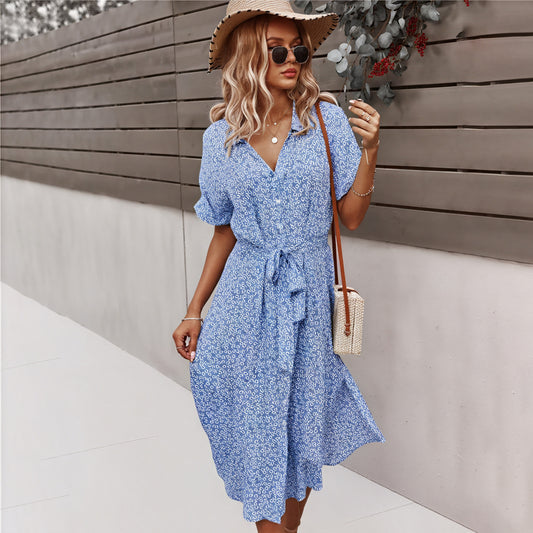 Women's Midi Dress – Multi-Color Floral Button-Down Tie Waist, Polyester, Bohemian Style-82725-5e99d56f-3d28-4a8d-af10-3f59b4188656
