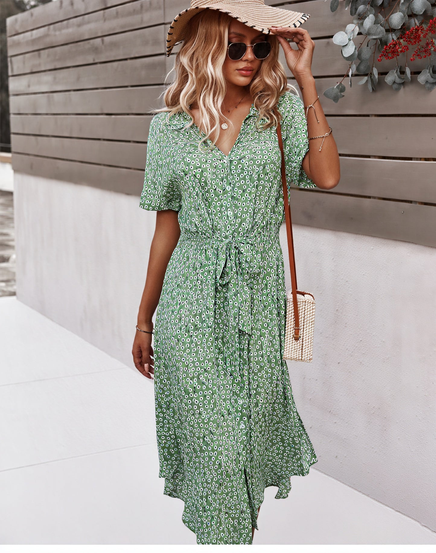 Women's Midi Dress – Multi-Color Floral Button-Down Tie Waist, Polyester, Bohemian Style-82725-907d2c45-4161-43f8-961c-a76d6462702a