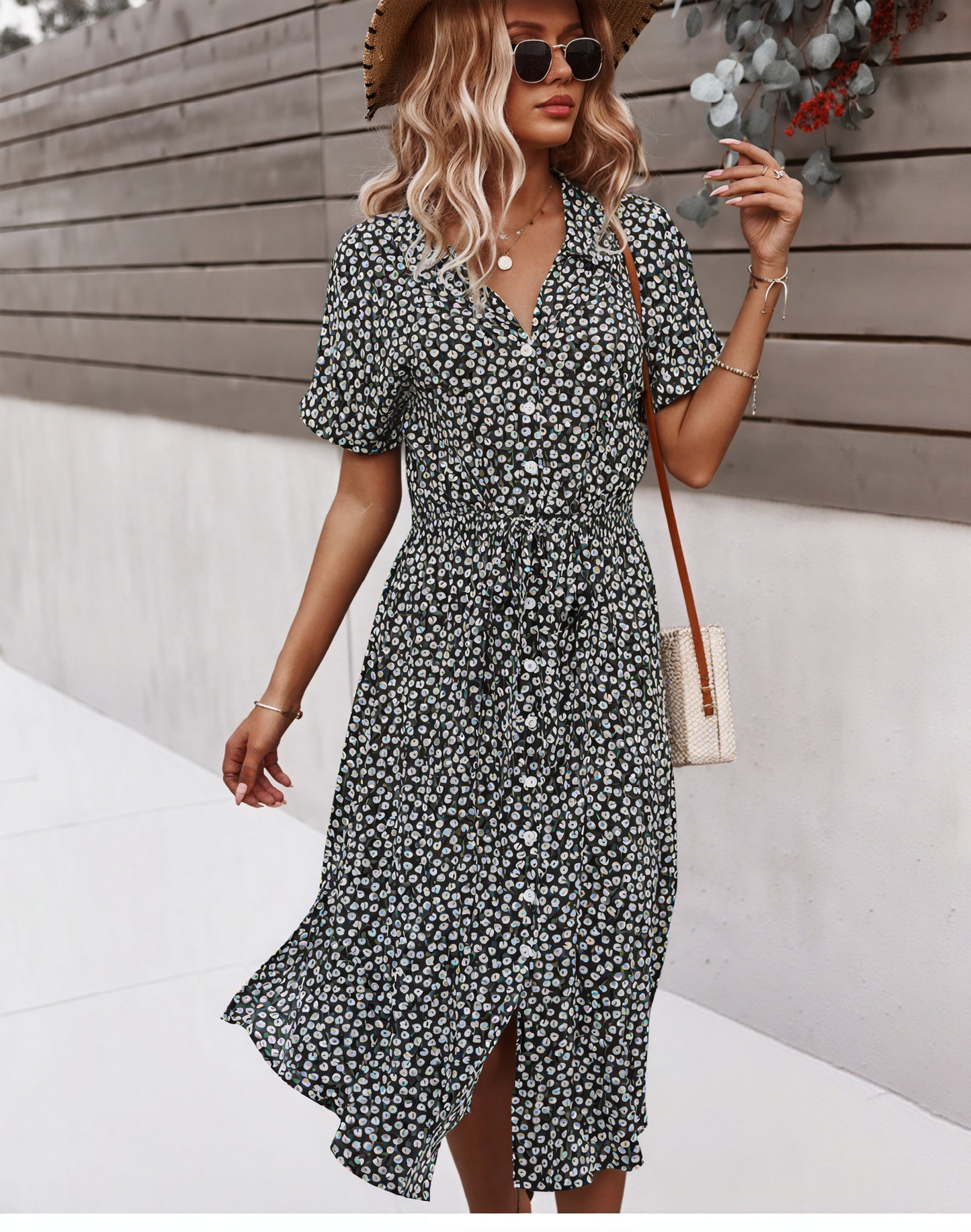 Women's Midi Dress – Multi-Color Floral Button-Down Tie Waist, Polyester, Bohemian Style-82725-e2ecdeef-63b3-4a22-baf1-5f1c83e2af19