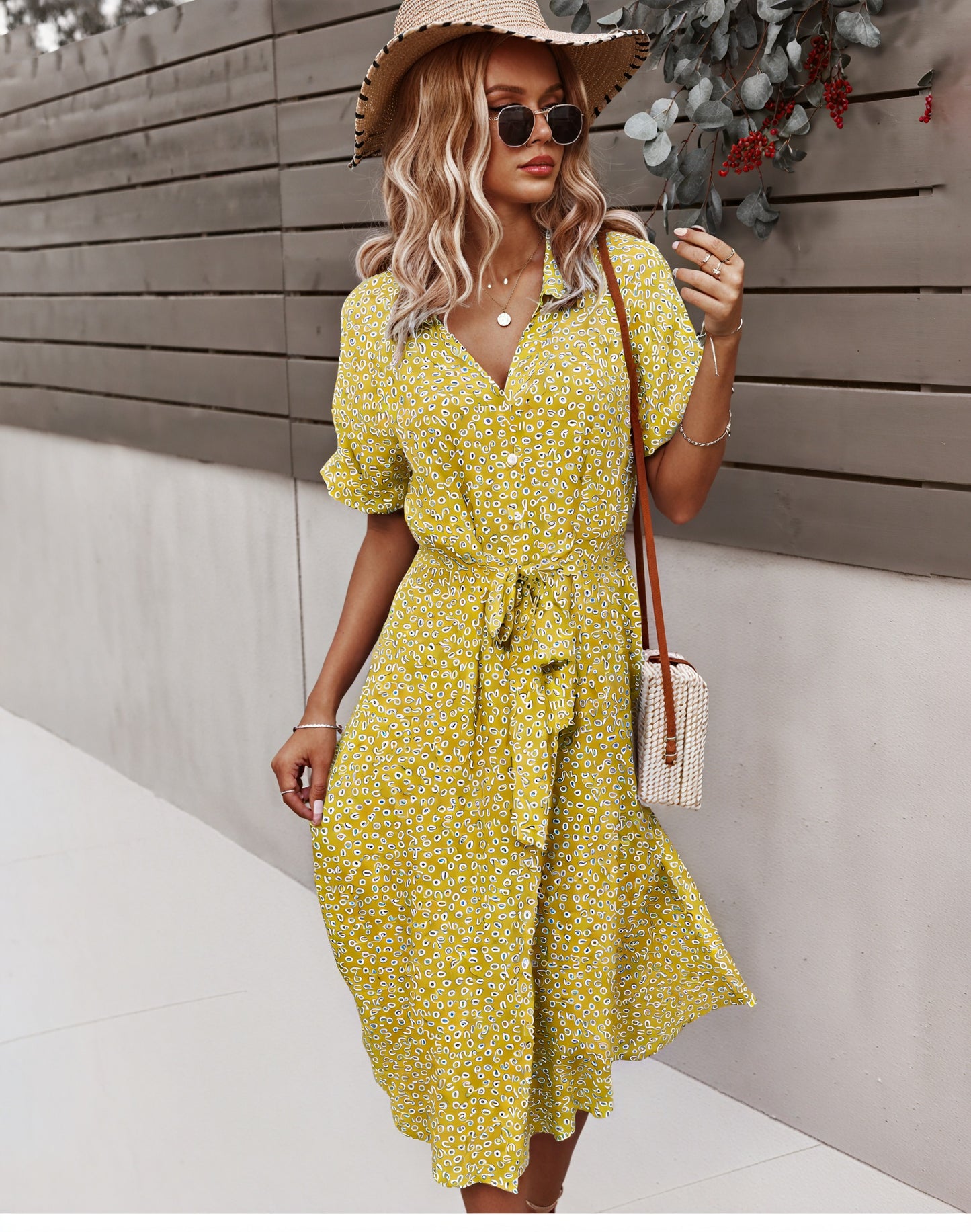 Women's Midi Dress – Multi-Color Floral Button-Down Tie Waist, Polyester, Bohemian Style-82725-766e4d36-38c1-4f9c-90a7-a4817a761051