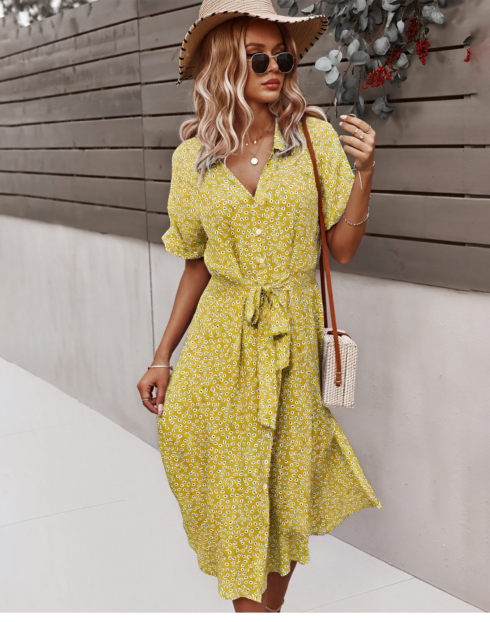 Women's Midi Dress – Multi-Color Floral Button-Down Tie Waist, Polyester, Bohemian Style-82725-766e4d36-38c1-4f9c-90a7-a4817a761051