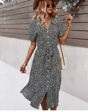 Women's Midi Dress – Multi-Color Floral Button-Down Tie Waist, Polyester, Bohemian Style-82725-7e3e8cd3-a74d-476f-83d7-ee582f7c2dad