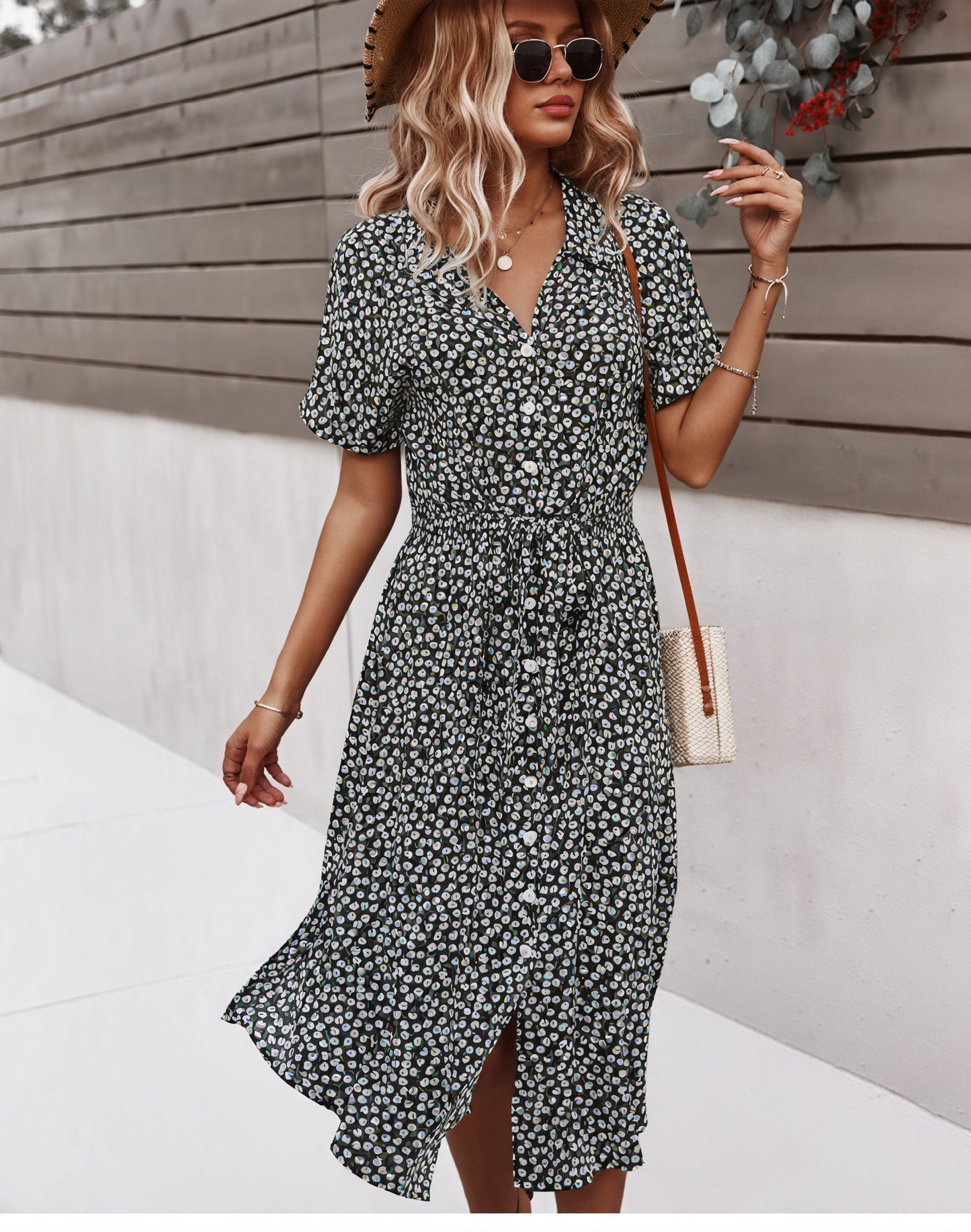 Women's Midi Dress – Multi-Color Floral Button-Down Tie Waist, Polyester, Bohemian Style-82725-7e3e8cd3-a74d-476f-83d7-ee582f7c2dad