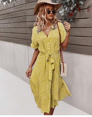 Women's Midi Dress – Multi-Color Floral Button-Down Tie Waist, Polyester, Bohemian Style-82725-d8634641-2830-4bde-b54b-9d605caceb9a