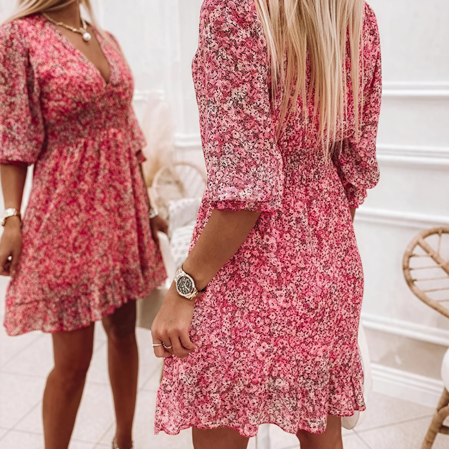 Women's Floral Mini Dress – Blue Pink Green, V-Neck, Puffed Sleeve, Polyester-82730-1b0405b0-f3f0-4615-bea8-86799a5f91b4