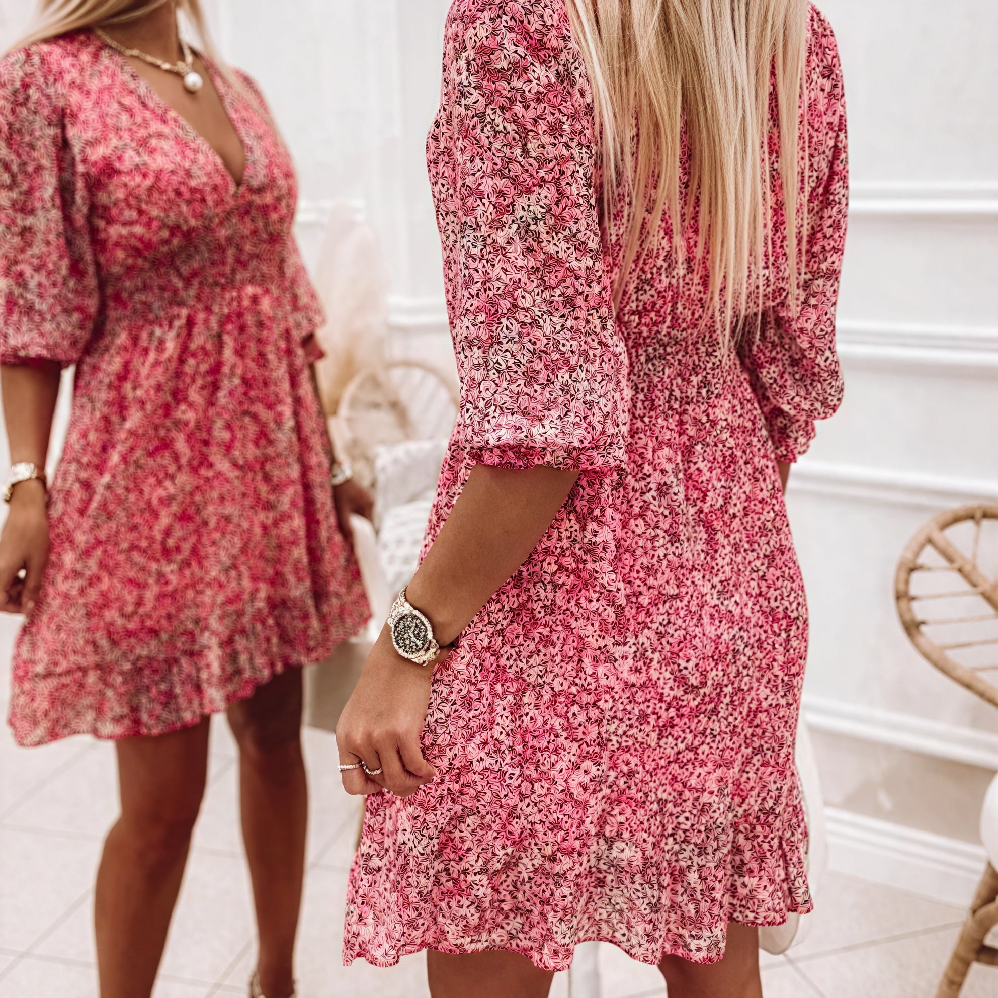 Women's Floral Mini Dress – Blue Pink Green, V-Neck, Puffed Sleeve, Polyester-82730-1b0405b0-f3f0-4615-bea8-86799a5f91b4