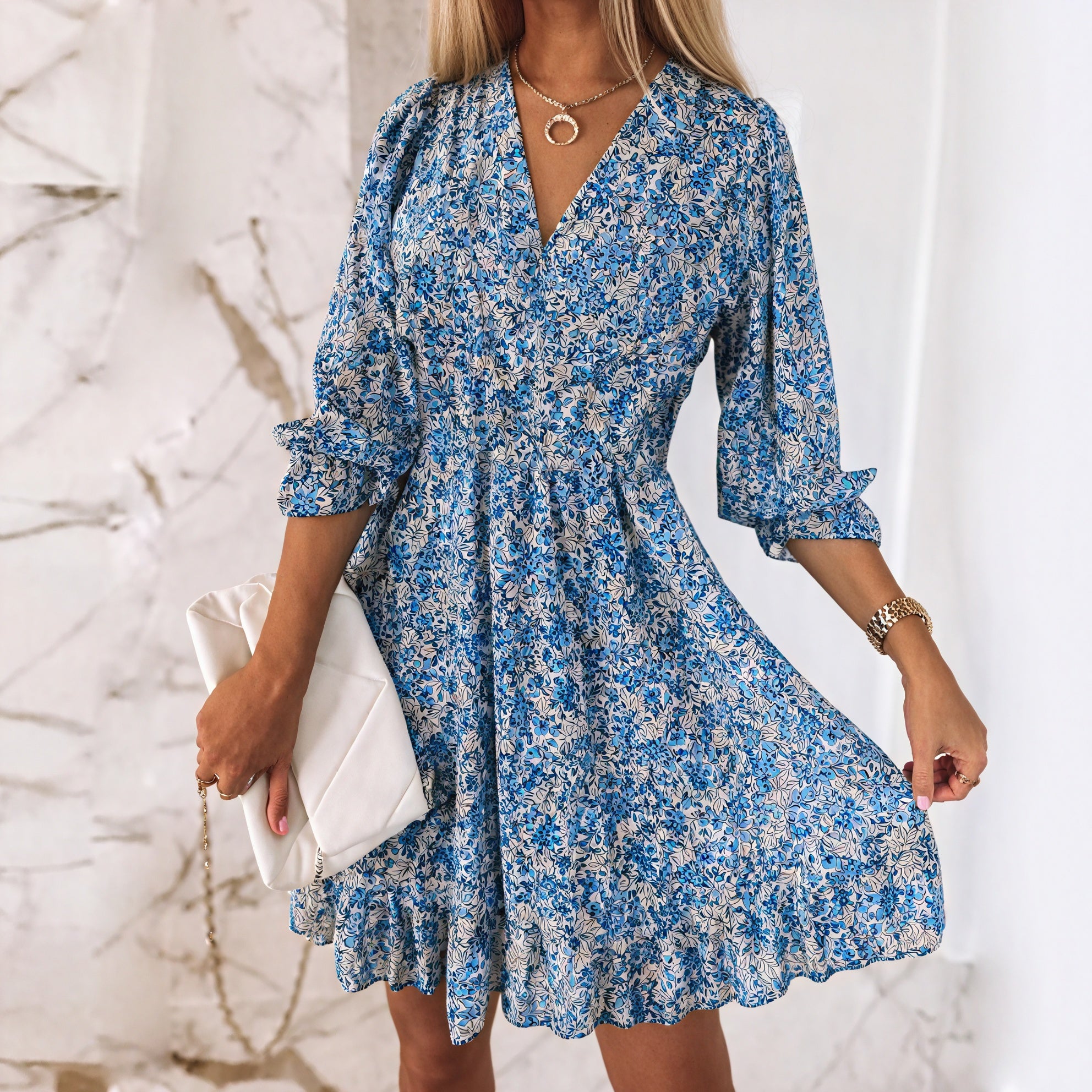 Women's Floral Mini Dress – Blue Pink Green, V-Neck, Puffed Sleeve, Polyester-82730-092d37a4-a1ae-4899-9903-0747110065d6
