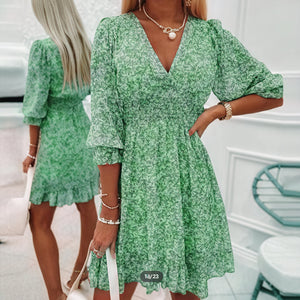 Women's Floral Mini Dress – Blue Pink Green, V-Neck, Puffed Sleeve, Polyester-82730-8e2e3f19-ef89-458d-b310-aab0b9de8e46