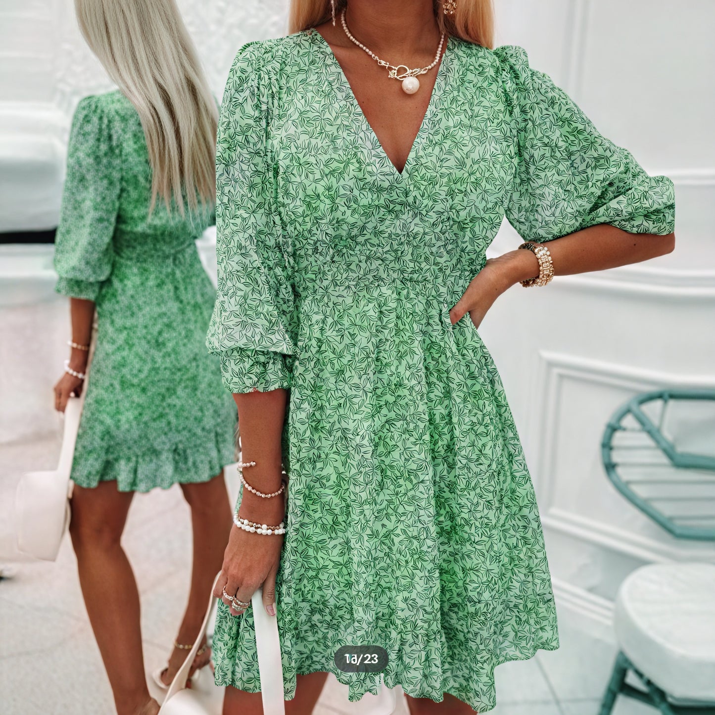 Women's Floral Mini Dress – Blue Pink Green, V-Neck, Puffed Sleeve, Polyester-82730-8e2e3f19-ef89-458d-b310-aab0b9de8e46