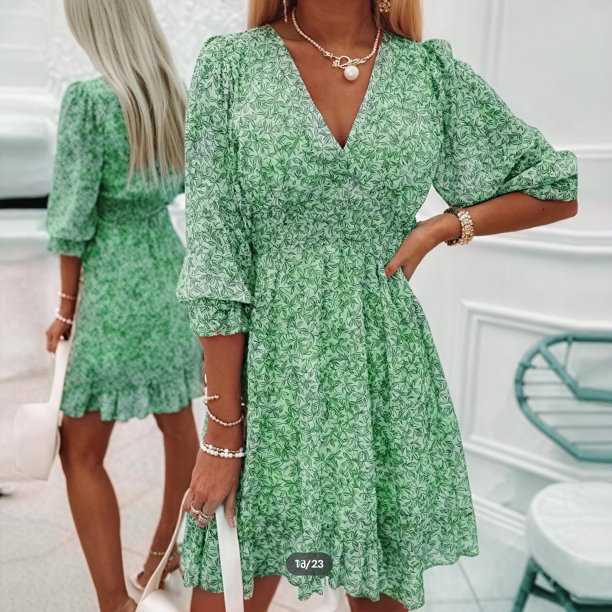 Women's Floral Mini Dress – Blue Pink Green, V-Neck, Puffed Sleeve, Polyester-82730-8e2e3f19-ef89-458d-b310-aab0b9de8e46