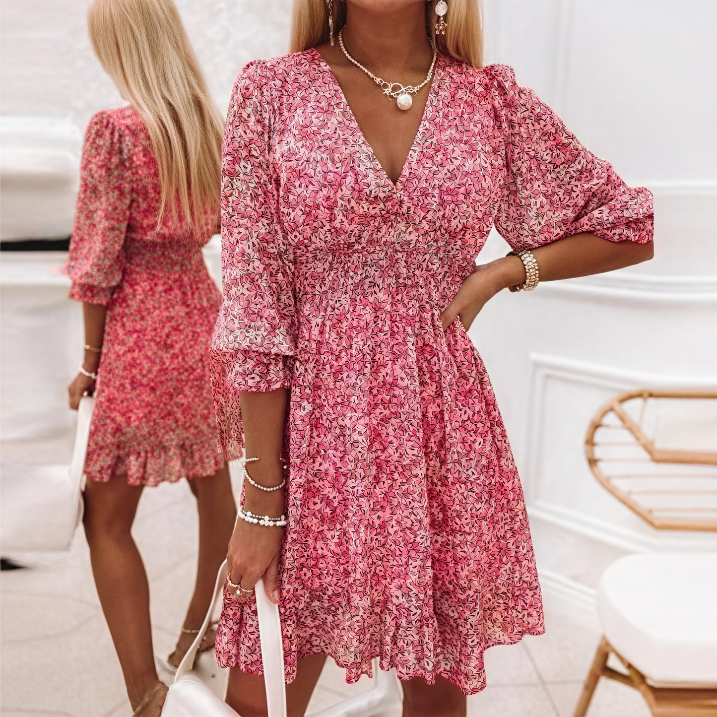 Women's Floral Mini Dress – Blue Pink Green, V-Neck, Puffed Sleeve, Polyester-82730-4663be0c-468e-4396-8e9e-bad726c9061e
