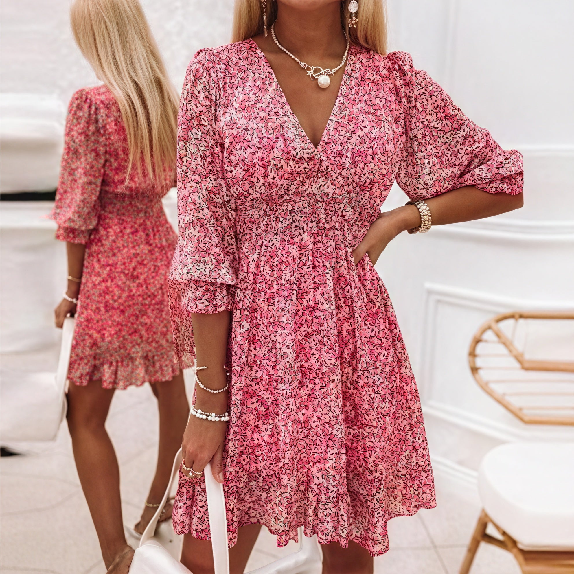 Women's Floral Mini Dress – Blue Pink Green, V-Neck, Puffed Sleeve, Polyester-82730-4663be0c-468e-4396-8e9e-bad726c9061e