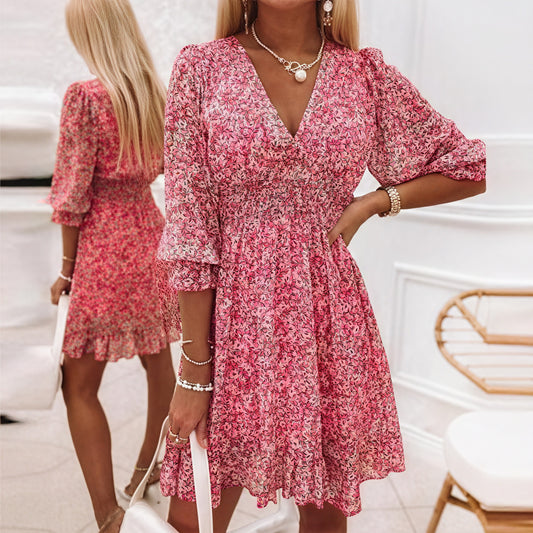 Women's Floral Mini Dress – Blue Pink Green, V-Neck, Puffed Sleeve, Polyester-82730-4663be0c-468e-4396-8e9e-bad726c9061e