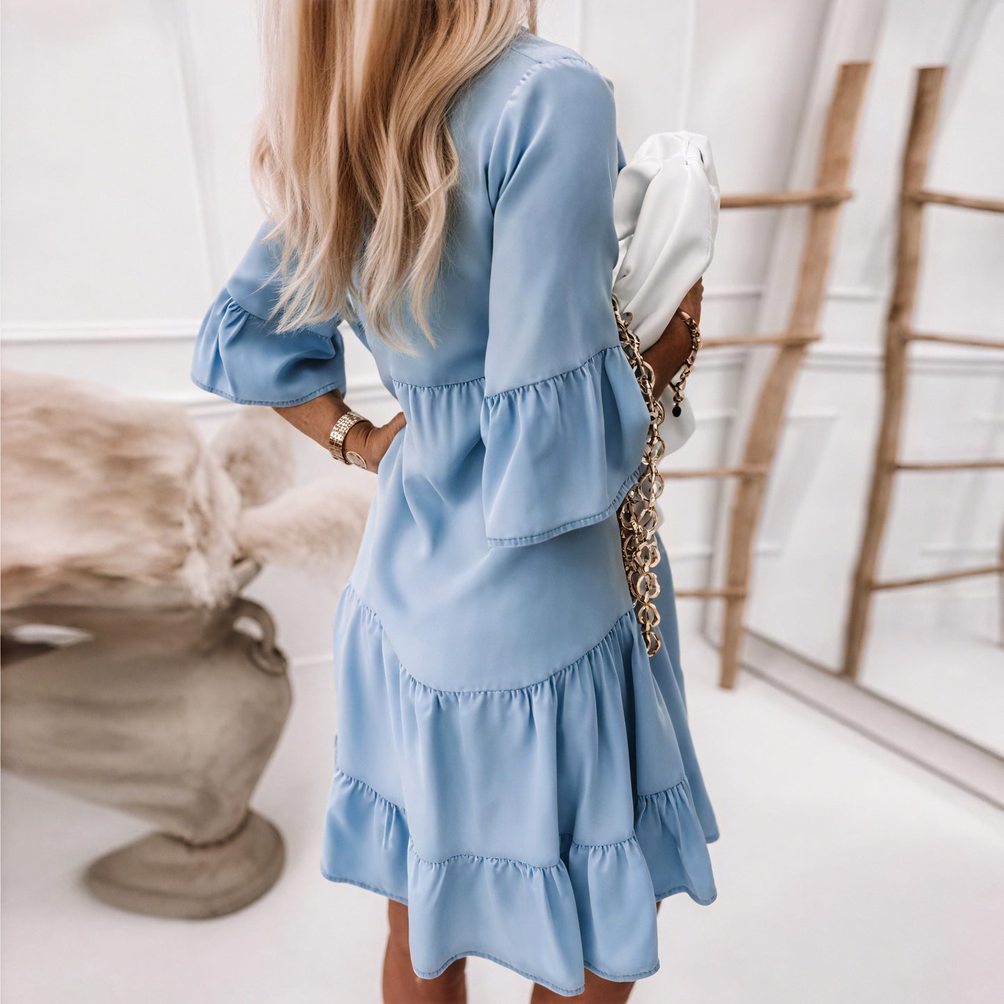 Women's Light Blue Denim Tiered Ruffle Sleeve Dress-82731-1b7c448a-3f8b-4056-9776-2d9497b1d551