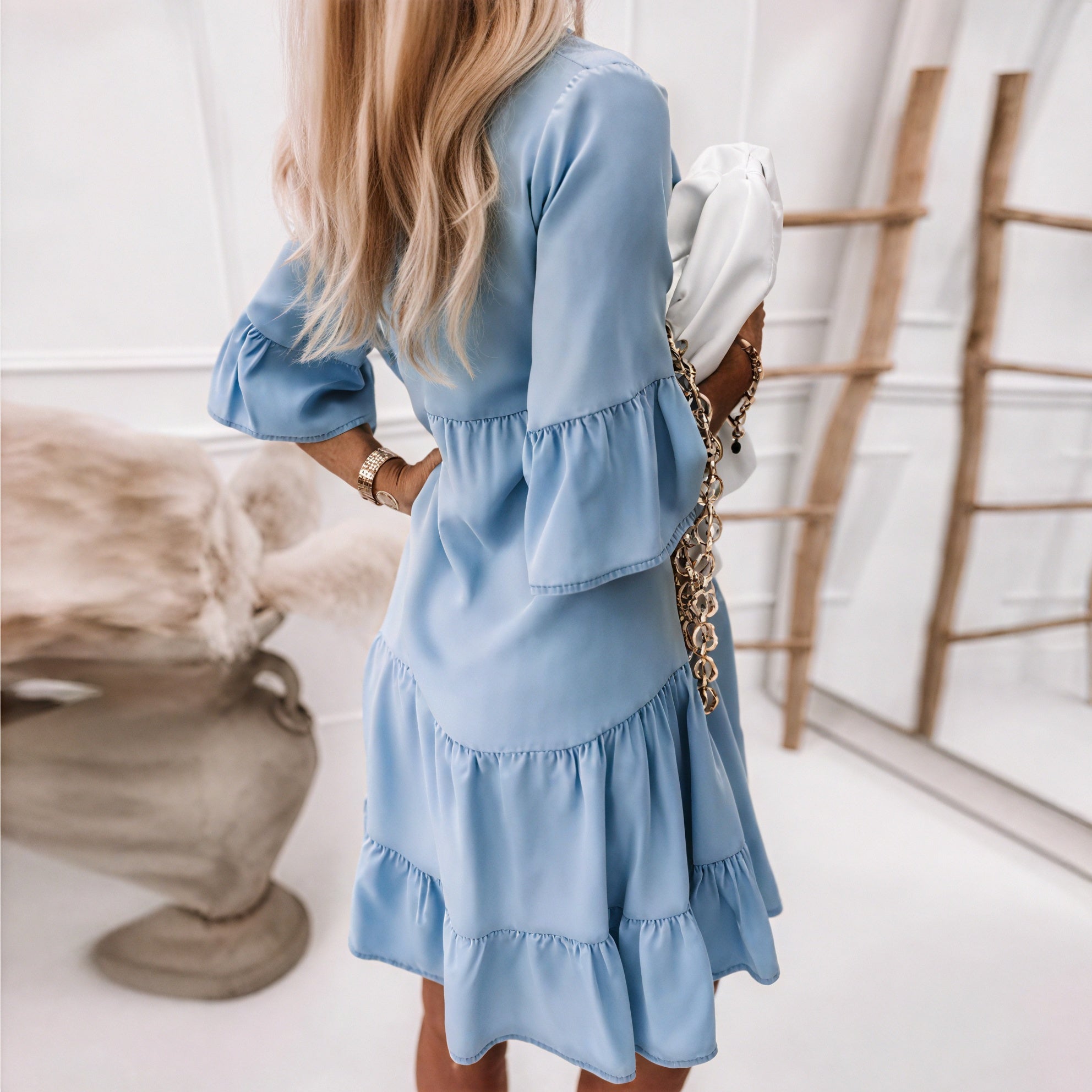 Women's Light Blue Denim Tiered Ruffle Sleeve Dress-82731-1b7c448a-3f8b-4056-9776-2d9497b1d551