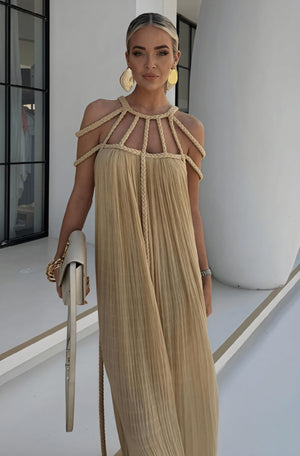 Women's Halter Maxi Dress – Braided Rope & Strap Neckline, Flowing Silhouette, Black Beige-83000-491e2ad9-ddca-420c-a442-c4d67dc5fd08