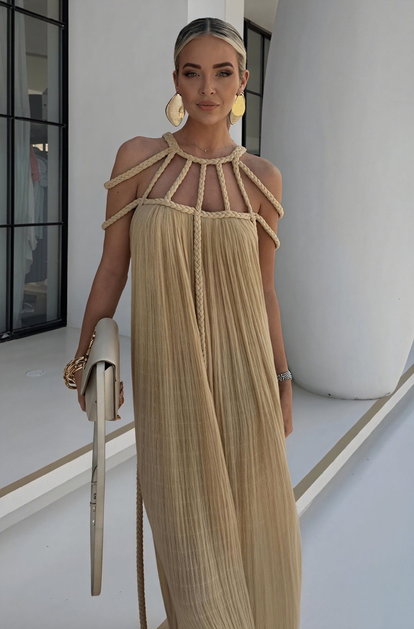 Women's Halter Maxi Dress – Braided Rope & Strap Neckline, Flowing Silhouette, Black Beige-83000-491e2ad9-ddca-420c-a442-c4d67dc5fd08