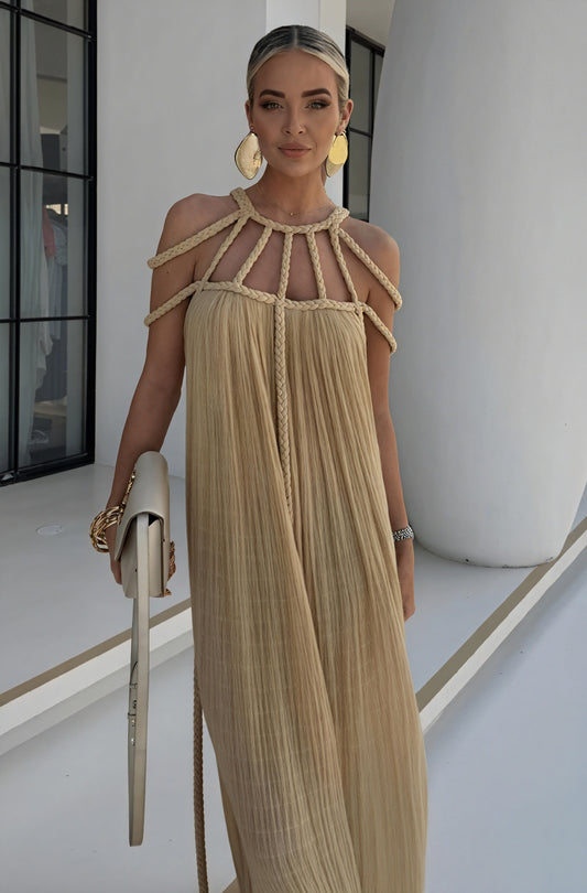 Women's Halter Maxi Dress – Braided Rope & Strap Neckline, Flowing Silhouette, Black Beige-83000-491e2ad9-ddca-420c-a442-c4d67dc5fd08
