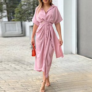 Women's Collared Button-Down Dress – Tie Waist, Asymmetrical Hem, Flowing Lightweight Fabric-83075-ad9a0da7-5d2e-4326-bc9f-af027e011316