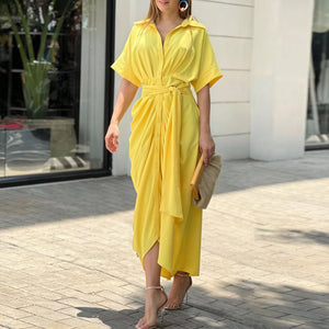 Women's Collared Button-Down Dress – Tie Waist, Asymmetrical Hem, Flowing Lightweight Fabric-83075-37ba5c4b-3e1e-418c-a0c5-d3c106517a3a