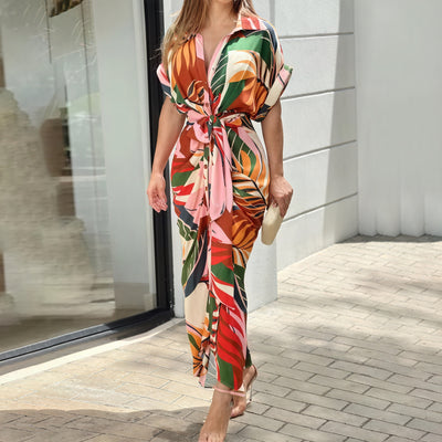 Flowing Midi Dress – Collared Button-Down, Tie Waist