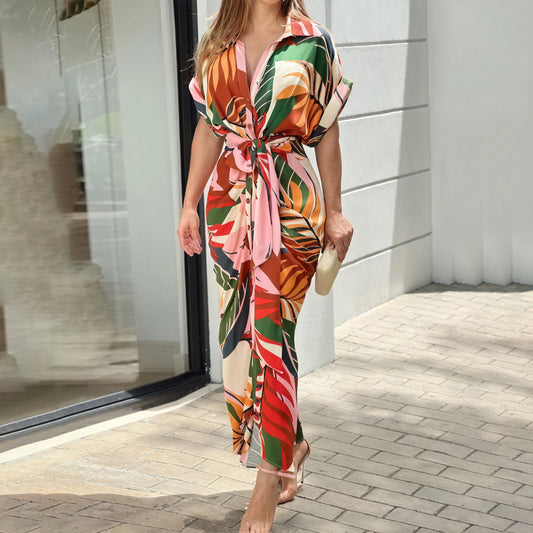Women's Collared Button-Down Dress – Tie Waist, Asymmetrical Hem, Flowing Lightweight Fabric-83075-1a58ac01-6d4f-4ad5-ba78-9e6c0afb68b0