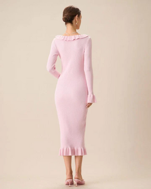 Women's Pink Knit Midi Dress – Ruffled Neckline, Bell Sleeves, Button-Up-83104-70949435-1ae8-4c93-8f3b-eecbf7a4049c