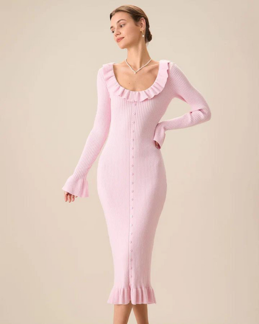 Women's Pink Knit Midi Dress – Ruffled Neckline, Bell Sleeves, Button-Up-83104-4bec3192-bf35-42b0-94b1-62c39eeeaa32